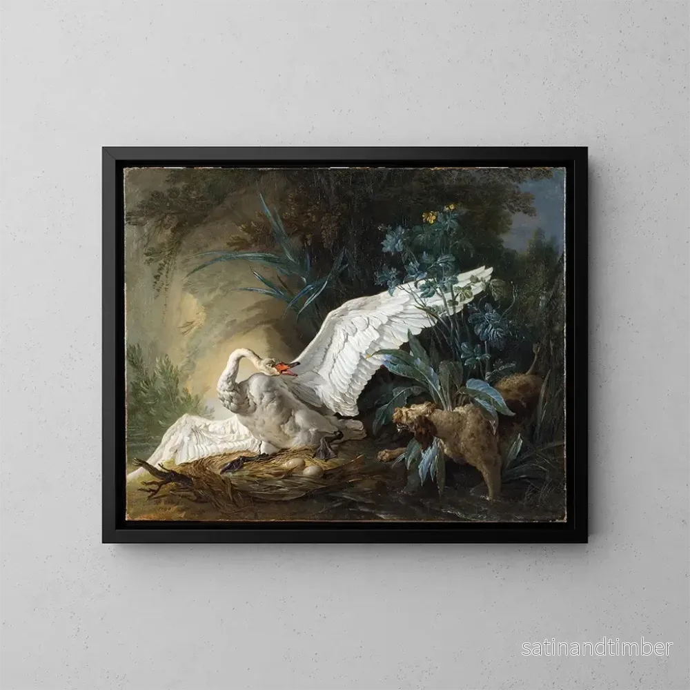 Reproduktion av målningen En enastående vattenhund som överraskar en svan på sitt bo - Jean-Baptiste Oudry