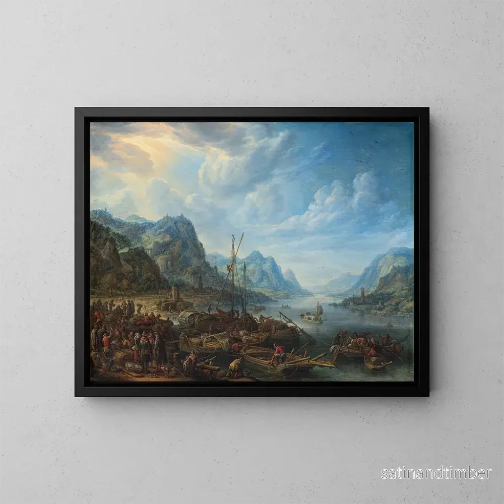 Reproduktion av målningen Vue d'une rivière avec des amarrages de bateaux - Herman Saftleven