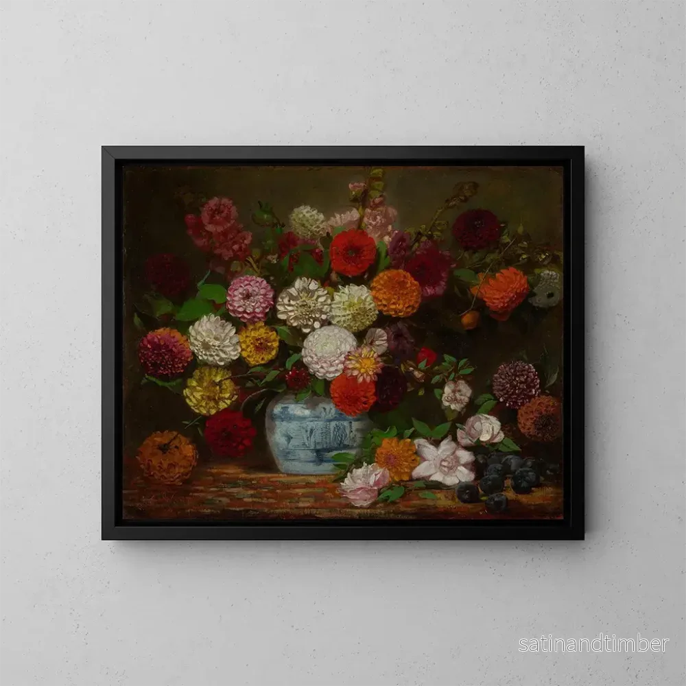 Reproduktion av målningen av stilleben med dahlior, zinnior, trädgårdsrosor och plommon - Eugène Delacroix