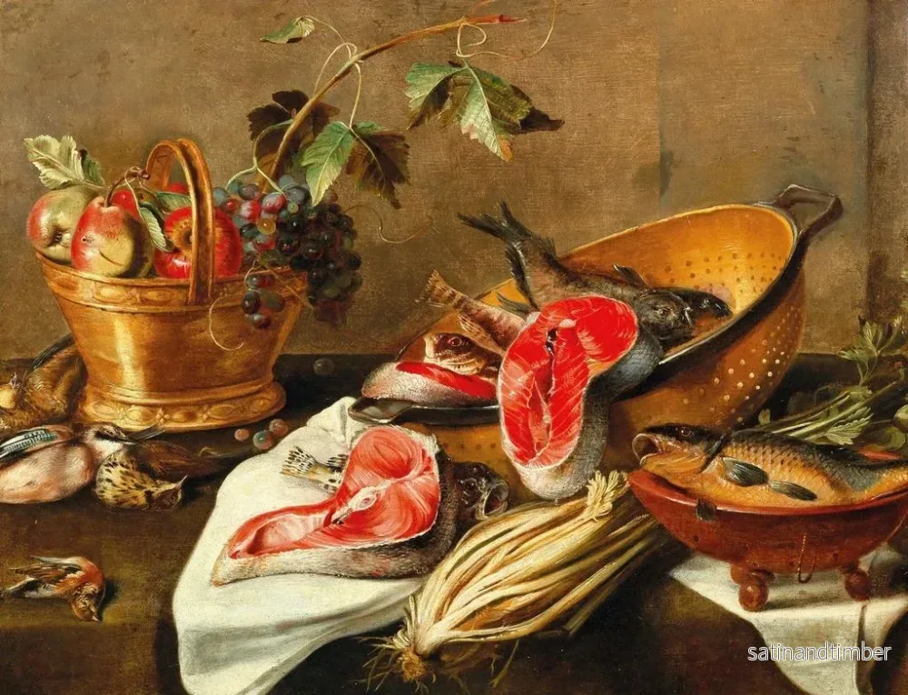 Reproduktion av målningen av stilleben med frukt i en kopparbehållare, fisk och vilt - Frans Ykens krets - Bild 2