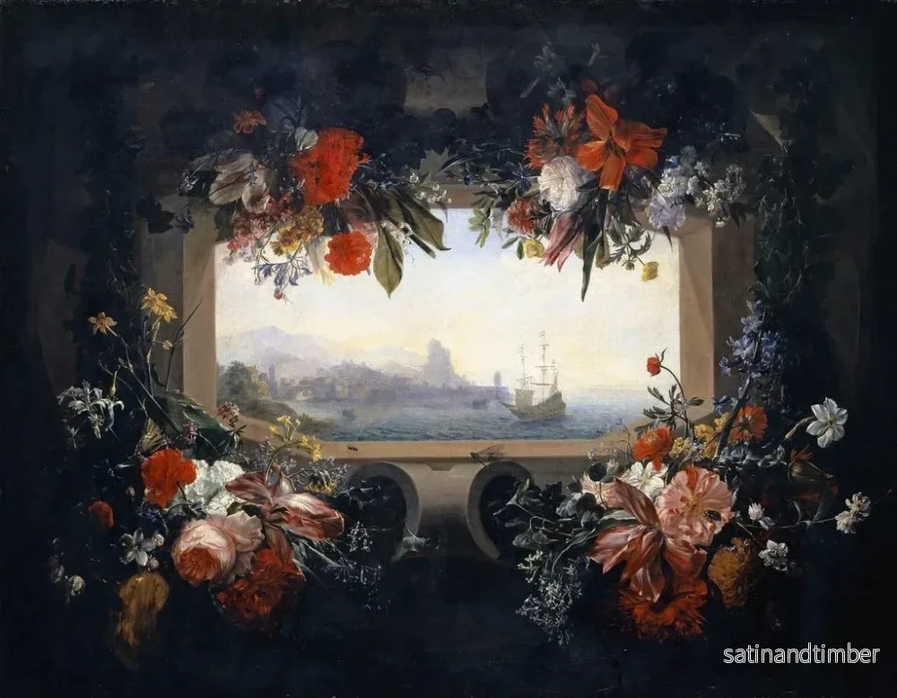 Reproduktion av målningen av blomsterstillben i en kartusch med en girland och utsikt över en havshamn - Johann Rudolf Bys - Bild 2