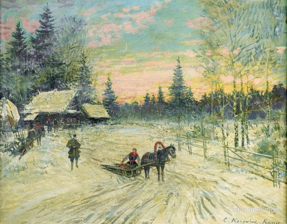 Reproduktion av målningen av ung kvinna på en släde som avlägsnar sig från en jägare - Konstantin Alexeïevitch Korovine - Bild 2