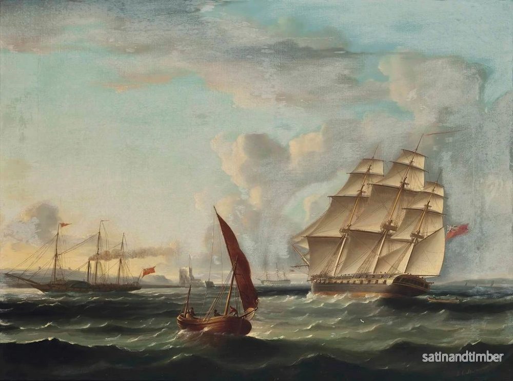 Reproduktion av målningen av fregatt som närmar sig Tajo-flodens mynning med en ångbåt som passerar Belém-tornet i Lissabon - James Edward Buttersworth - Bild 2