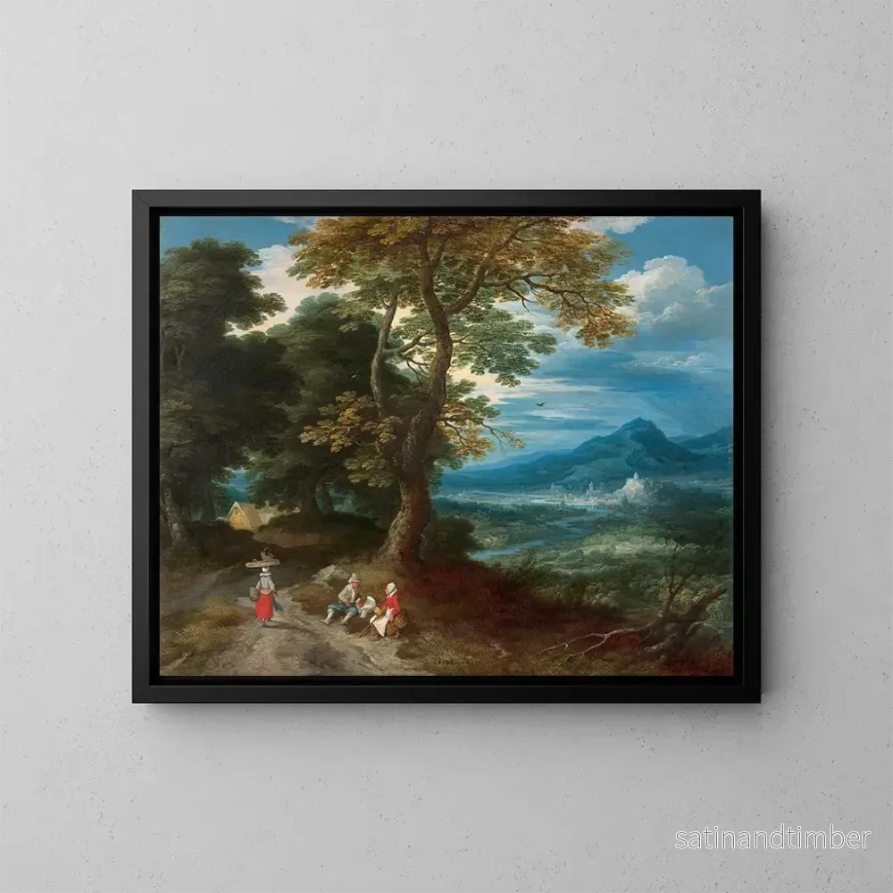 Reproduktion av målningen Voyageurs sur un chemin dans un paysage - Jacques Fouquières
