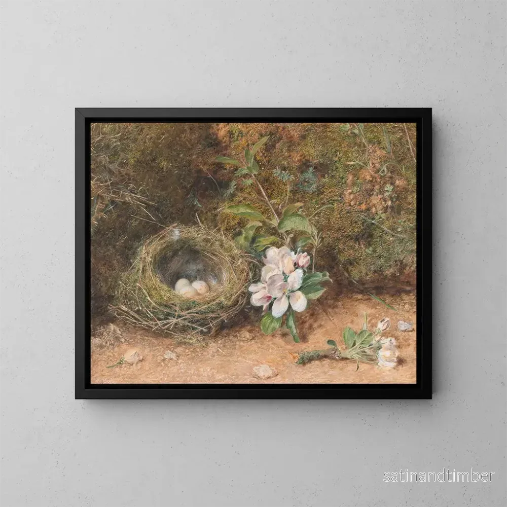 Reproduktion av målningen Nid d'oiseaux med blomstergrenar av äppleträd - William Henry Hunt