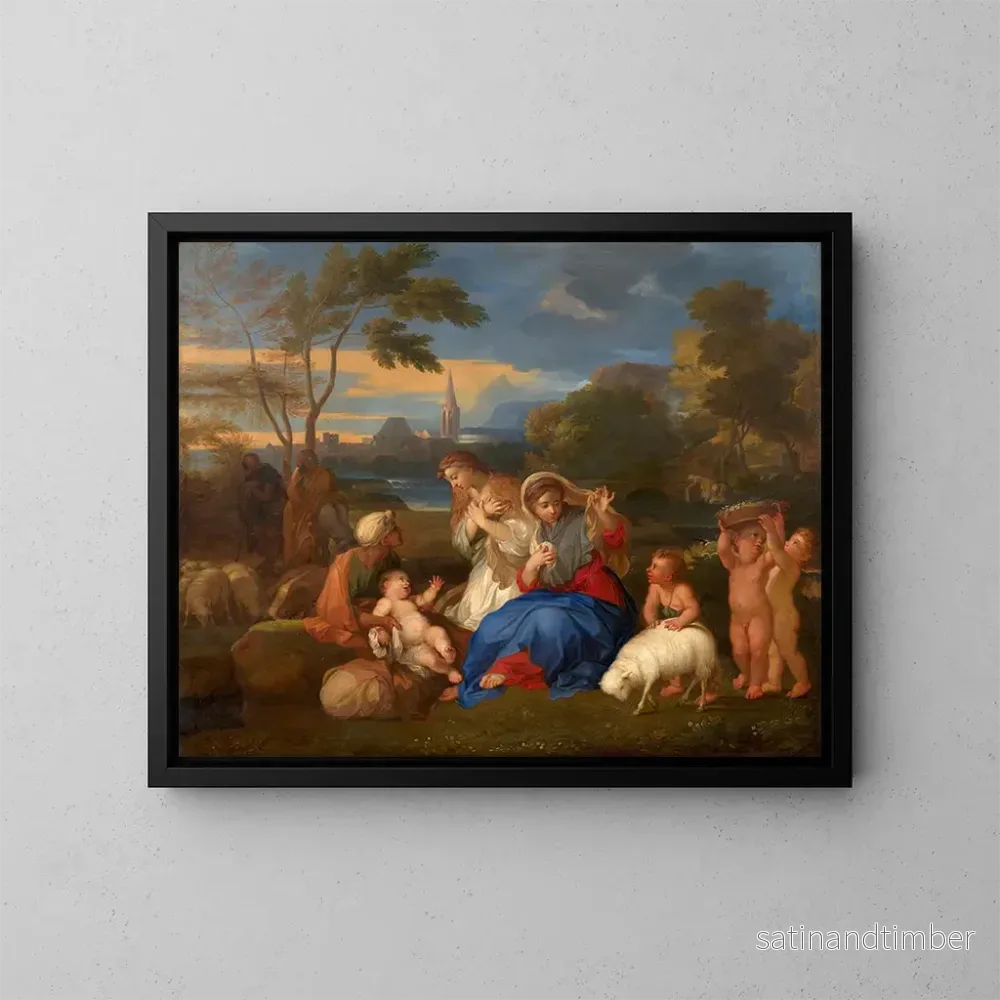 Reproduktion av målningen Le Repos de la Sainte Famille avec sainte Catherine - Sébastien Bourdon