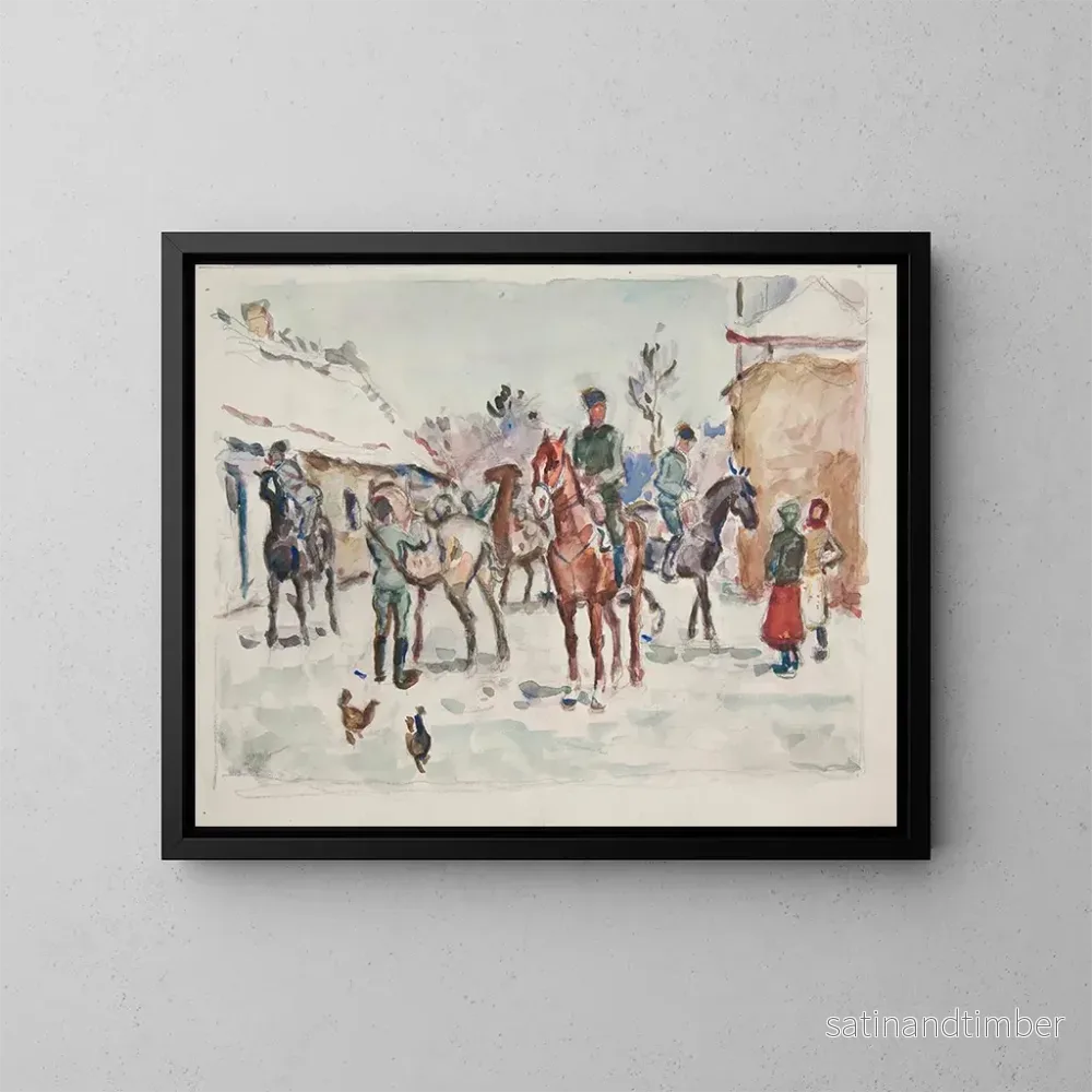 Reproduktion av målningen Les tireurs ukrainiens de Sitch sur leurs chevaux entrant dans le village – Ivan Ivanec Reproduktion av målningen Les tireurs ukrainiens de Sitch sur leurs chevaux entrant dans le village – Ivan Ivanec