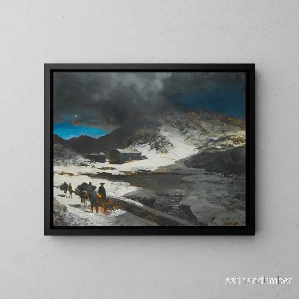 Reproduktion av målningen av L'auberge du Grand Saint-Bernard dans les Alpes - Oswald Achenbach