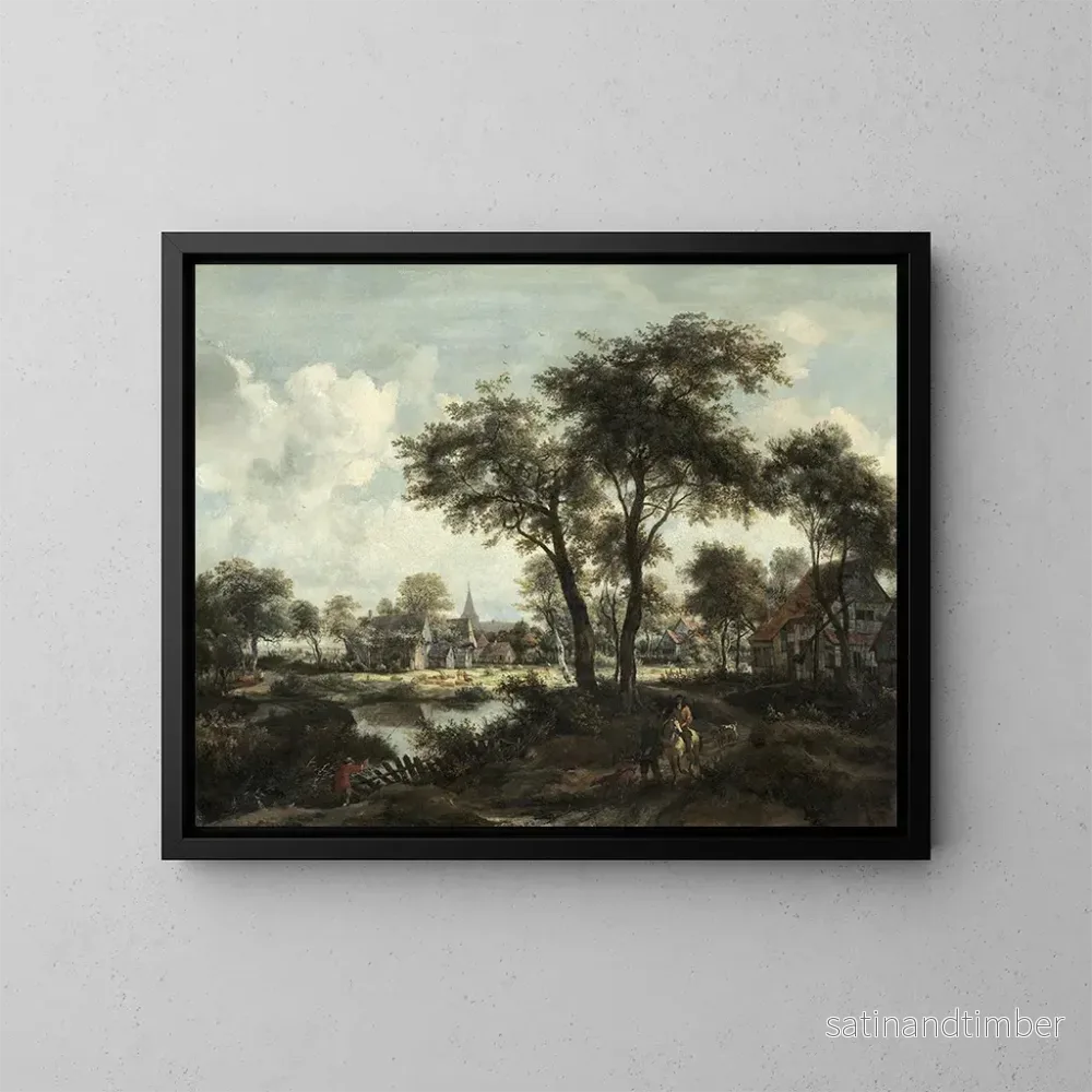 Reproduktion av målningen av by nära en damm - Meindert Hobbema
