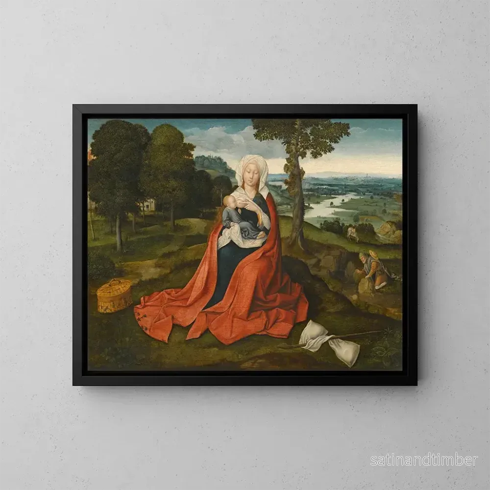 Reproduktion av målningen av den heliga familjen sittande framför ett vidsträckt landskap - Joachim Patinir ateljé