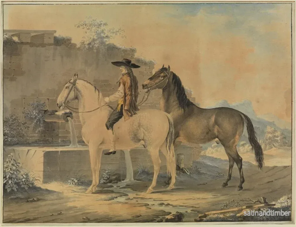 Reproduktion av målningen Cavalier med två hästar vid brunnen - Johann Georg Pforr - Bild 2