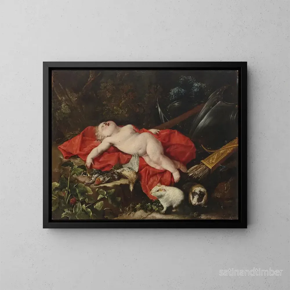 Reproduktion av målningen av Cupid som sover bredvid jaktföremål med två marsvin i förgrunden - Bartolomeo Guidobono