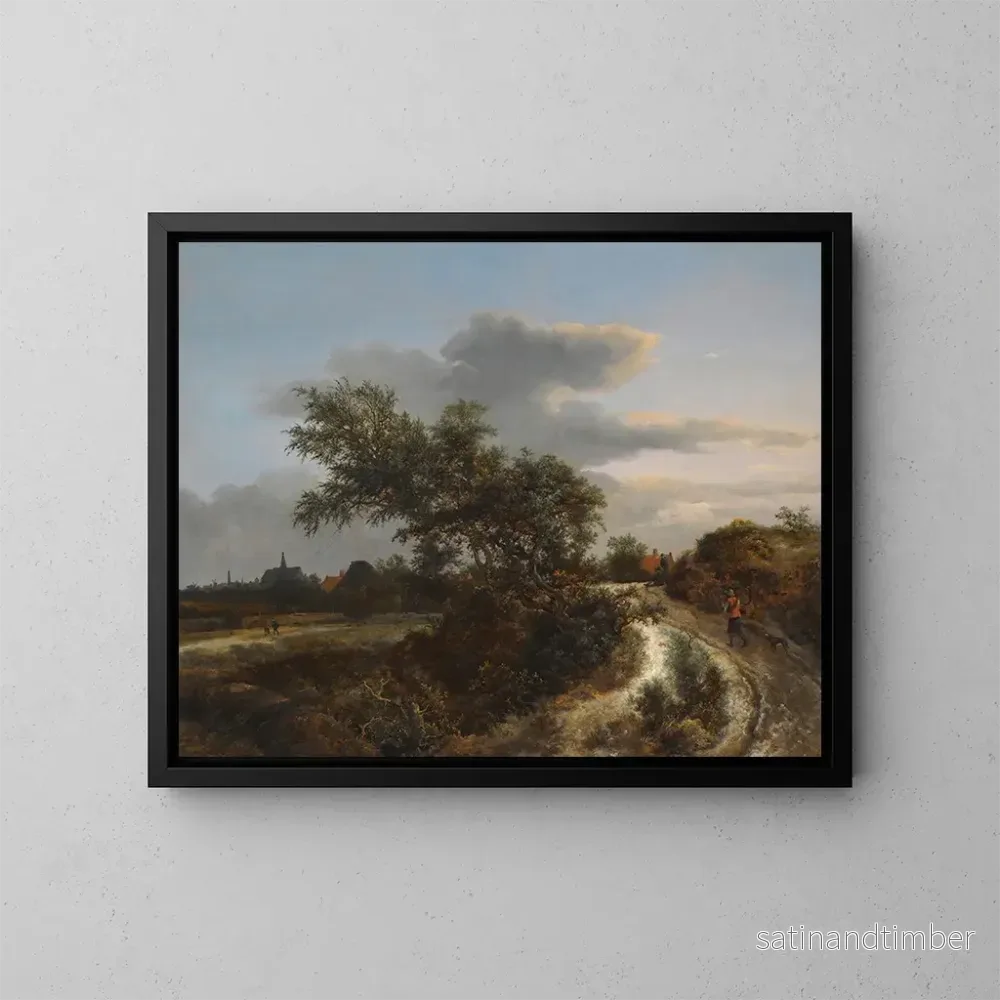 Reproduktion av målningen av ett sanddyne-landskap med en bonde på en sandig väg och en fjärrsyn av Haarlem – Jacob van Ruisdael Reproduktion av målningen av ett sanddyne-landskap med en bonde på en sandig väg och en fjärrsyn av Haarlem – Jacob van Ruisdael