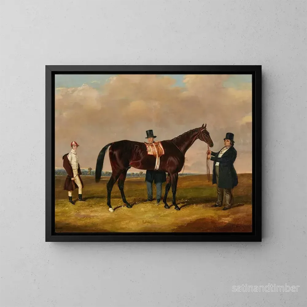 Reproduktion av målningen Lord Howth med sin fullblod Saint Laurent, hans tränare och jockey Ford – Harry Hall Reproduktion av målningen Lord Howth med sin fullblod Saint Laurent, hans tränare och jockey Ford – Harry Hall