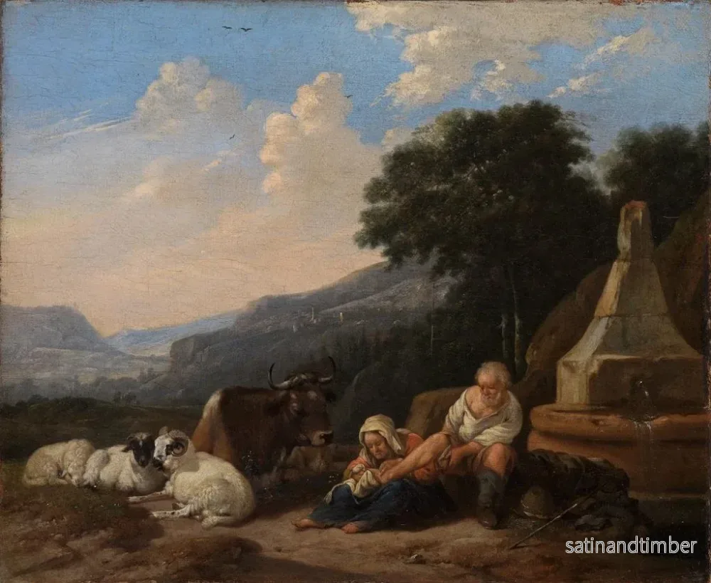 Reproduktion av målningen Landskapsbild med bergsgetter nära en brunn - Johann Heinrich Roos - Bild 2