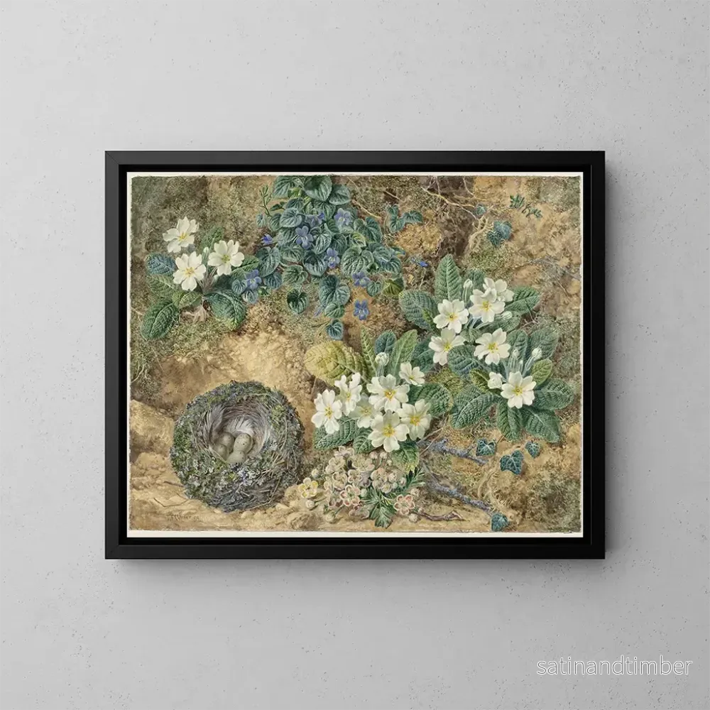 Reproduktion av målningen av Naturmålning med ett fågelbo, violer, primula och äppelblommor - Thomas Frederick Collier