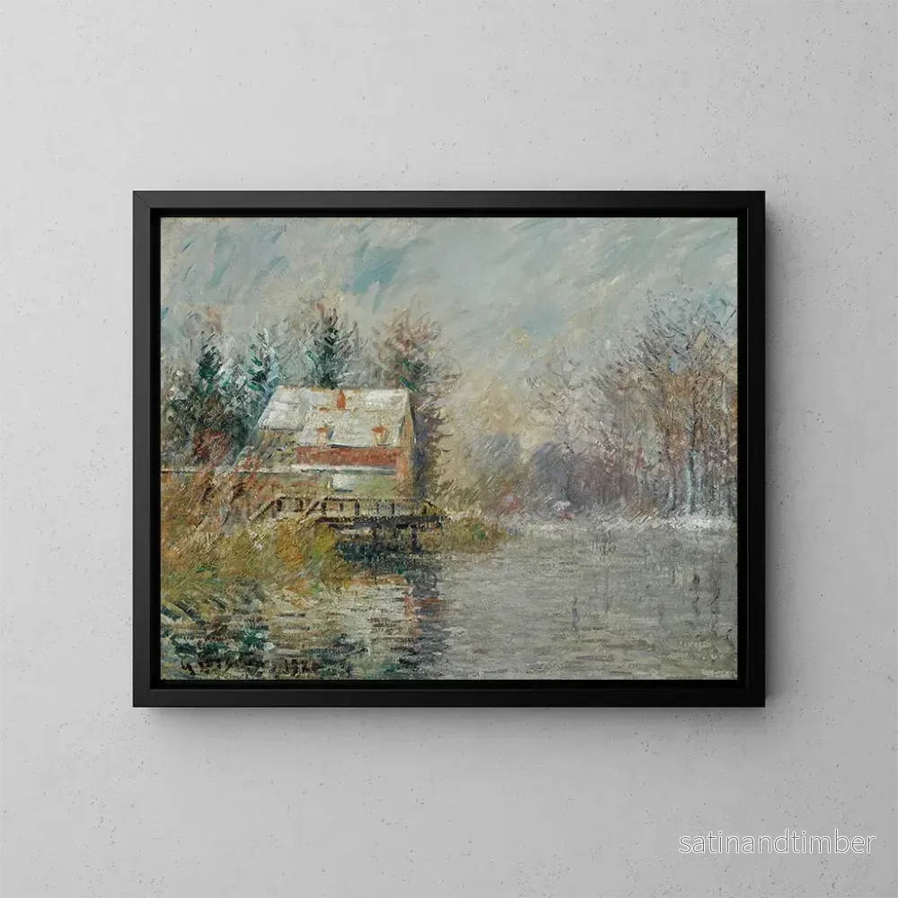 Reproduktion av målningen av huset vid vattnet, snöeffekt - Gustave Loiseau