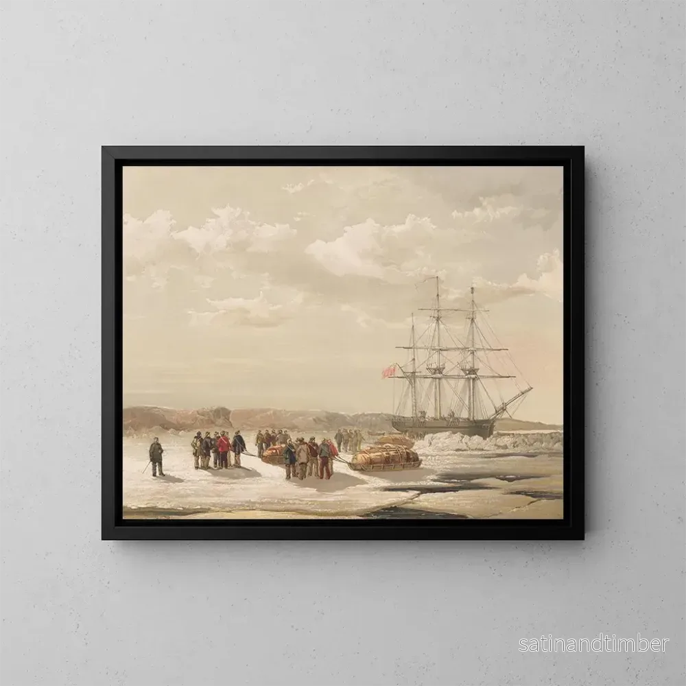 Reproduktion av målningen av avfärden för Sledge Party från HMS Investigator i Mercy-bukten under befäl av löjtnant Gurney Cresswell, 15 april 1853 – Samuel Gurney Cresswell