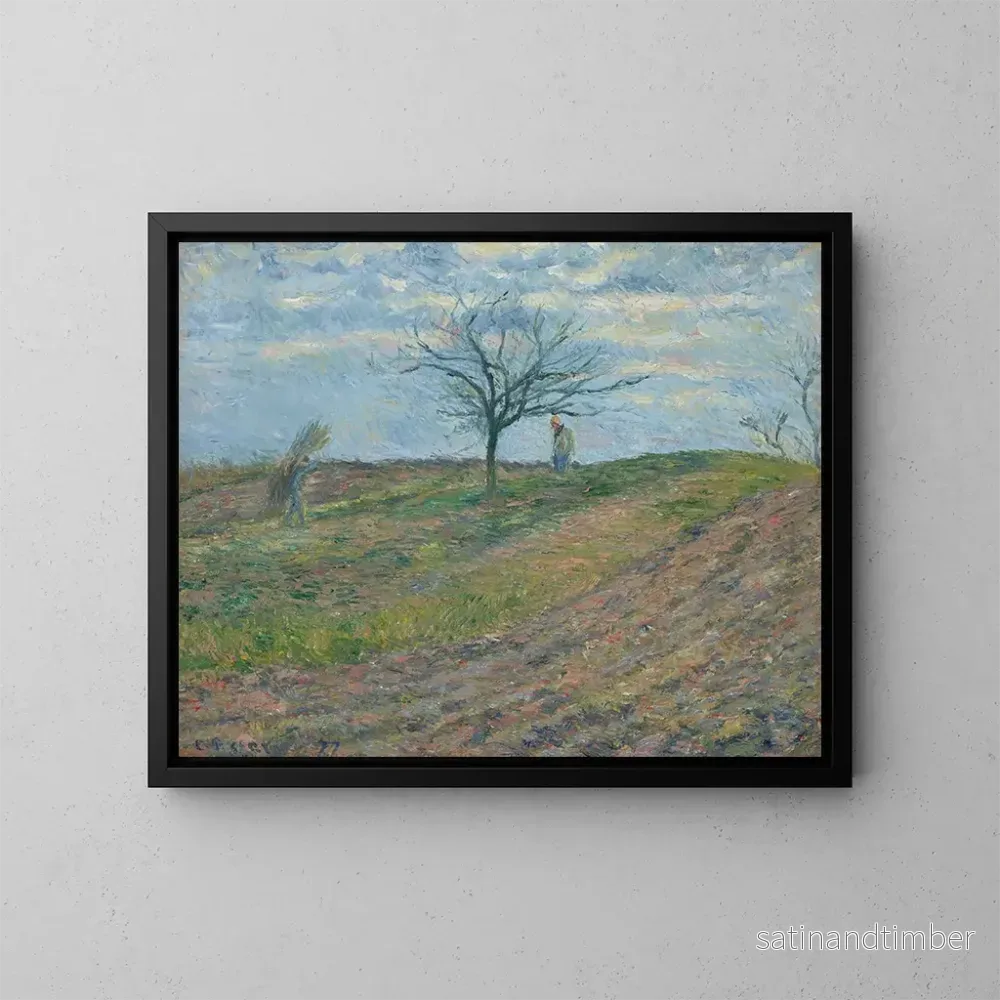 Reproduktion av målningen av jordbruksmark på vintern med en man som bär en knippe - Camille Pissarro