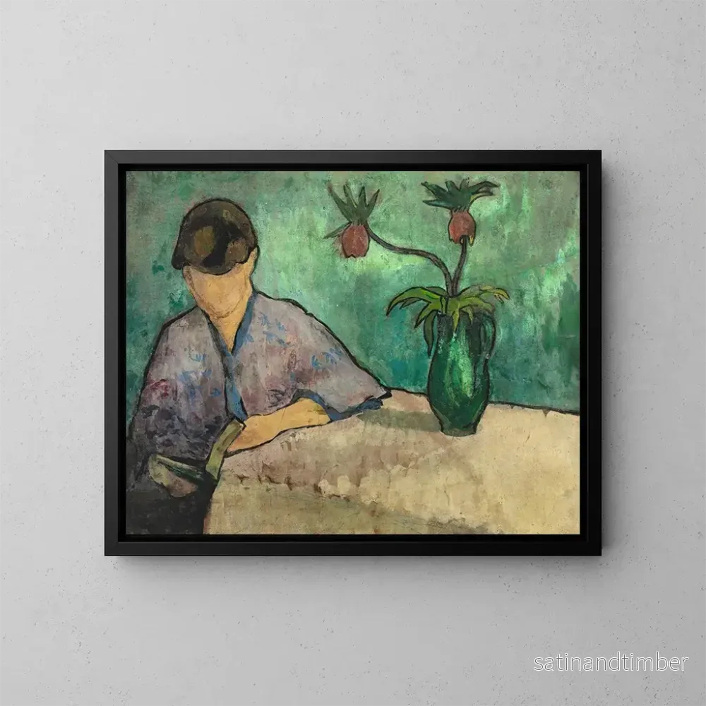 Reproduktion av målningen ung kvinna som läser i kimono - Émile Bernard