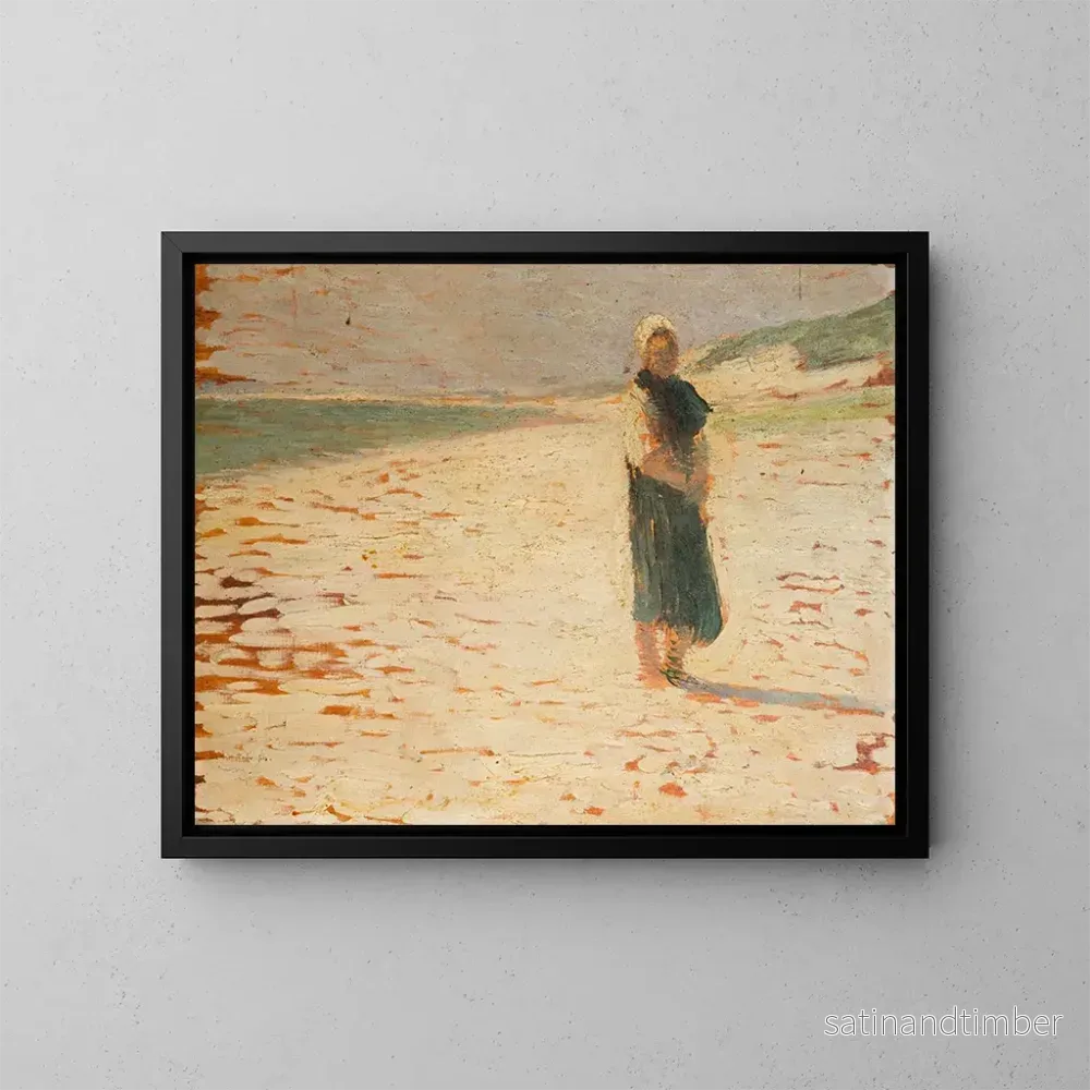 Reproduktion av målningen av kvinna i traditionell dräkt stående på en strand - Henri Martin