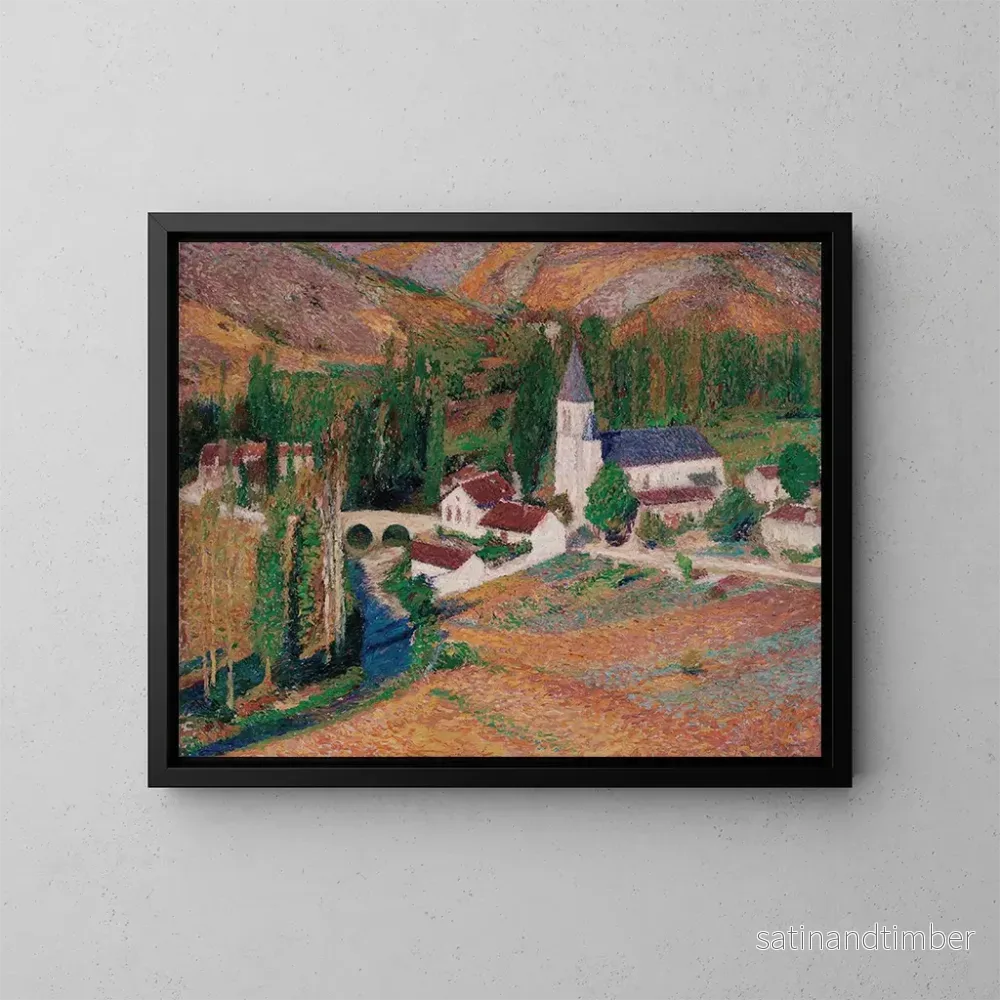 Reproduktion av målningen av Labastide-du-Verts kyrka med bron och floden en höstkväll - Henri Martin