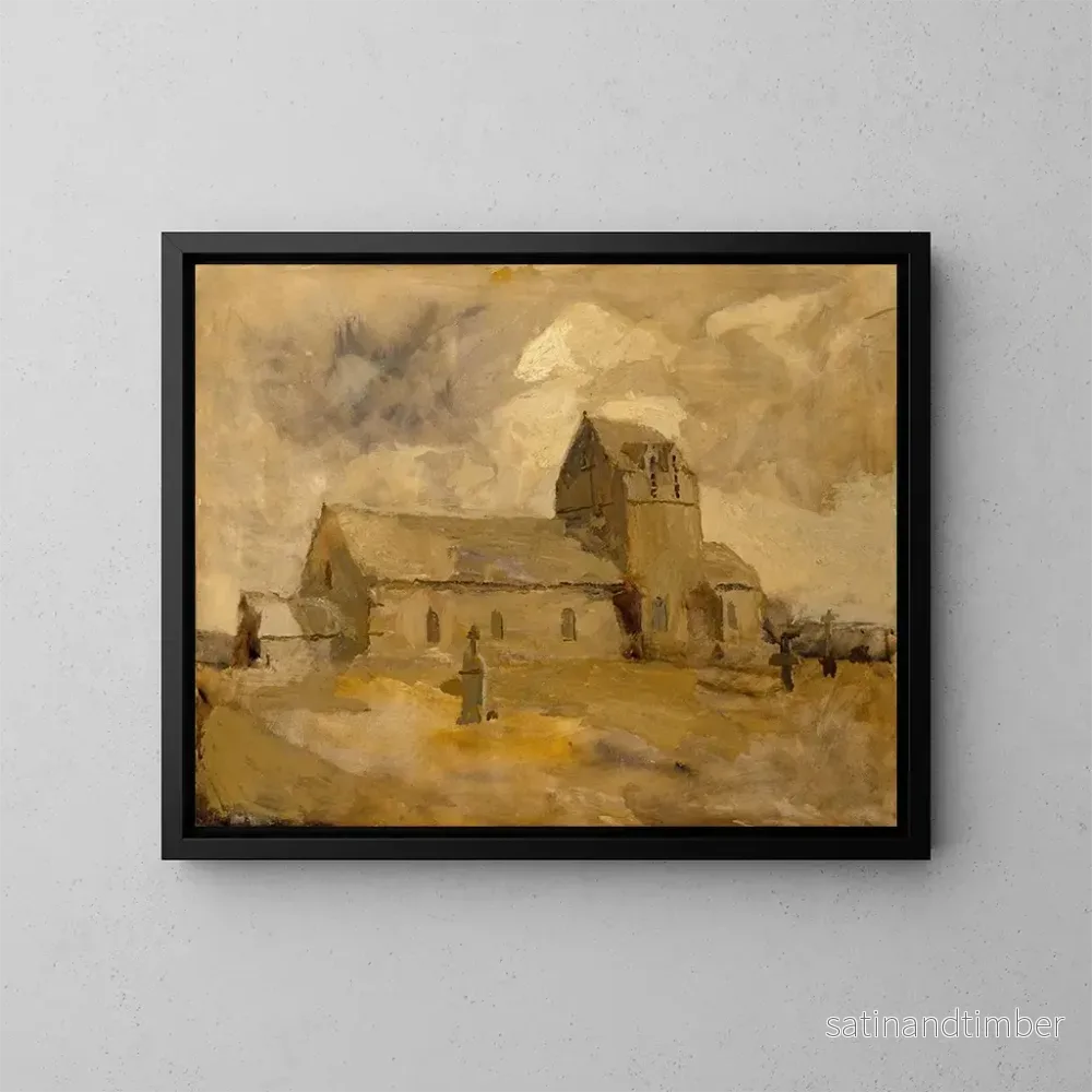 Reproduktion av målningen av kyrka och bykyrkogård i Bretagne – Frank Edwin Scott Reproduktion av målningen av kyrka och bykyrkogård i Bretagne – Frank Edwin Scott
