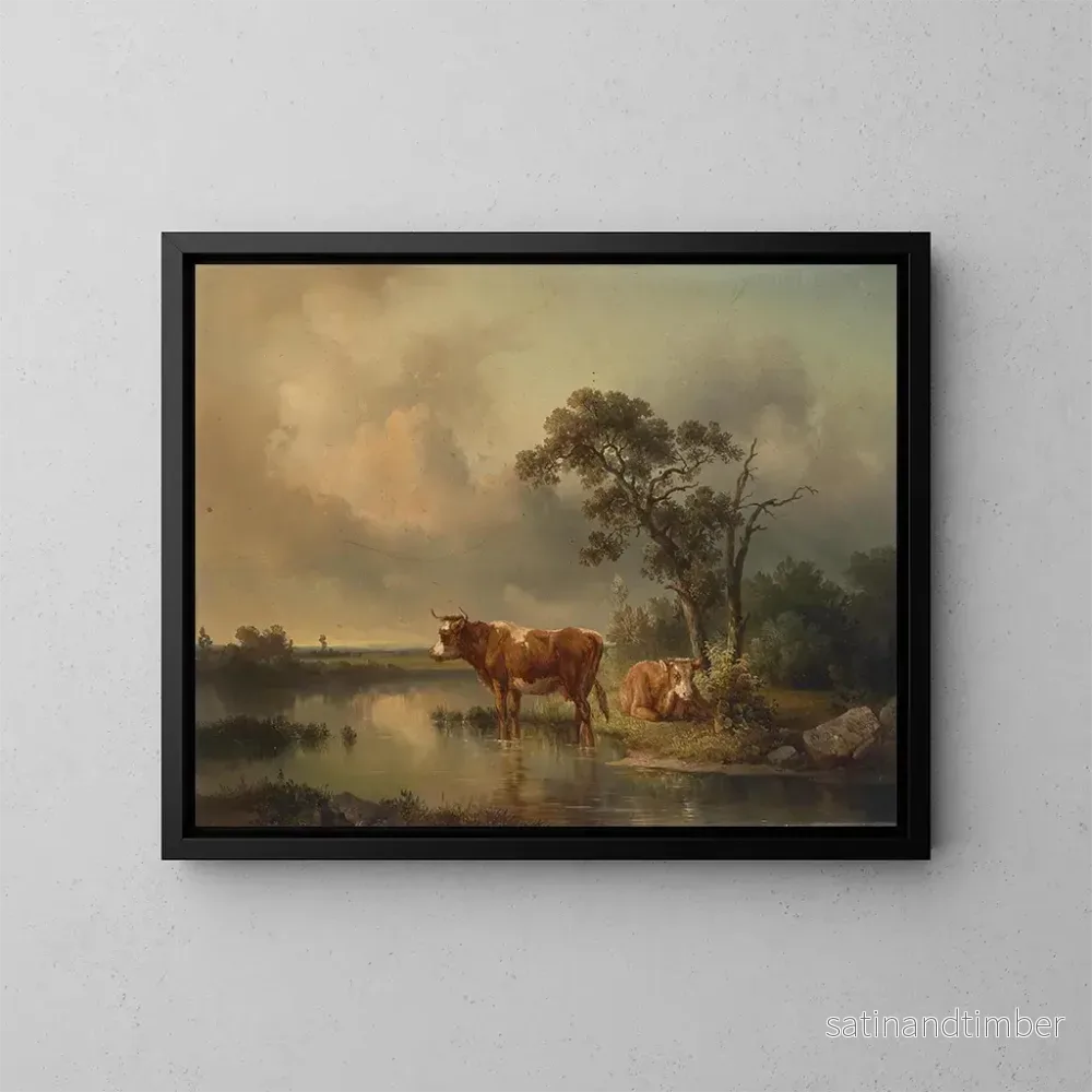Reproduktion av målningen Rastende Khe au Weiher 1854 - Edmund Mahlknecht