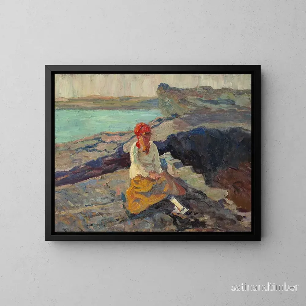 Reproduktion av målningen av kvinna med röd scarf vid havet - Walt Kuhn