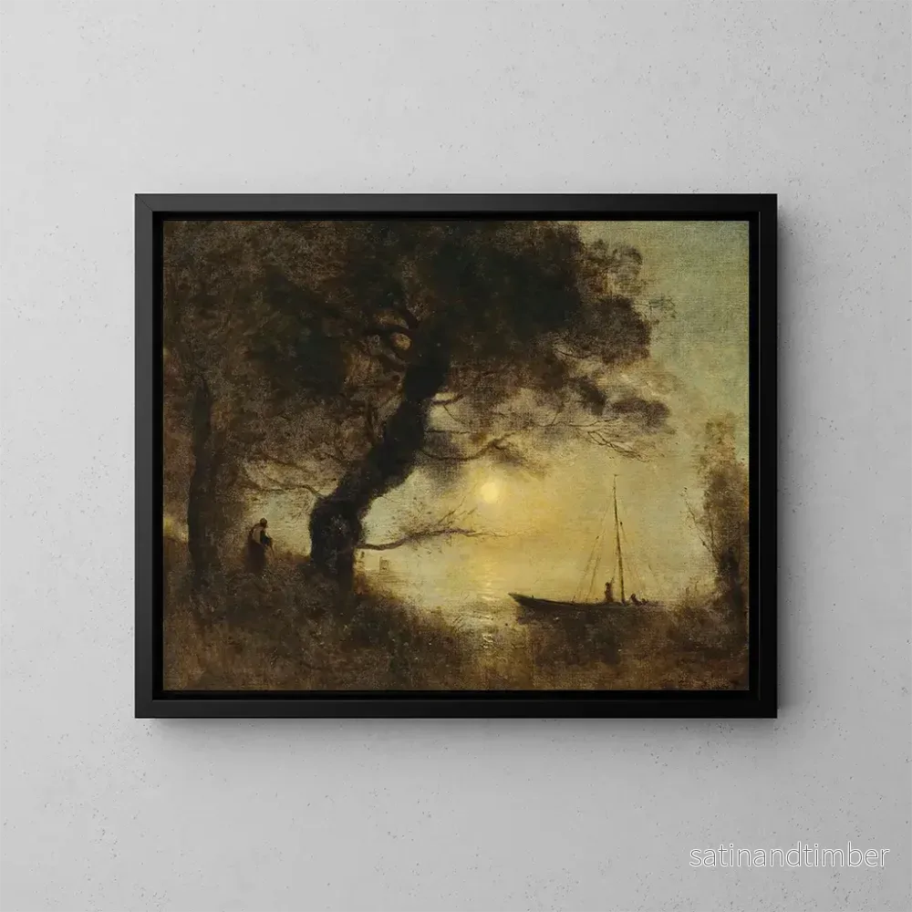 Reproduktion av målningen Le Bateau au clair de lune - Jean-Baptiste-Camille Corot