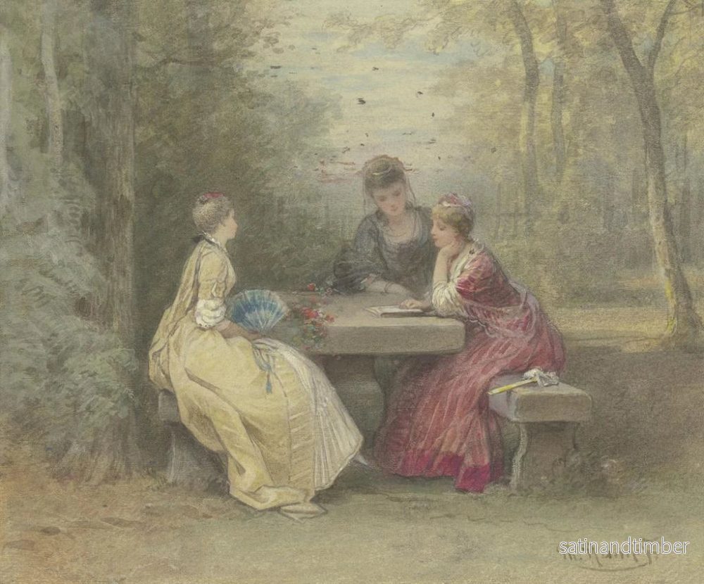 Reproduktion av målningen Läsning i parken, tre unga damer i watteau-klädsel sittande runt ett stenbord - Philipp Rumpf - Bild 2
