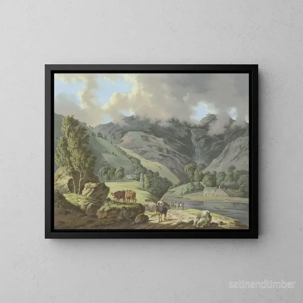 Reproduktion av målningen Landskapsbild av berg med ett vattenfall och ängar i förgrund - Karl Franz Kraul