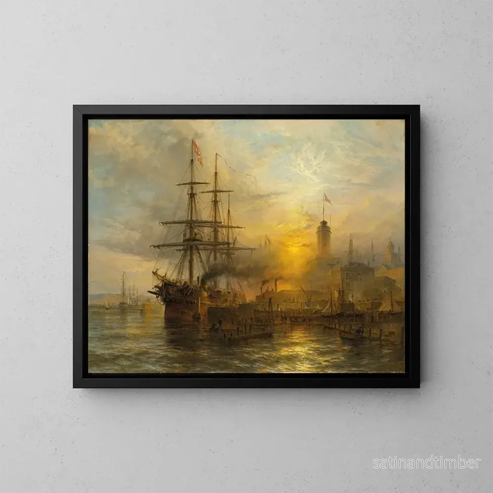 Reproduktion av målningen En dansk ångbåt förtöjd vid en livlig kaj - Henry Thomas Dawson