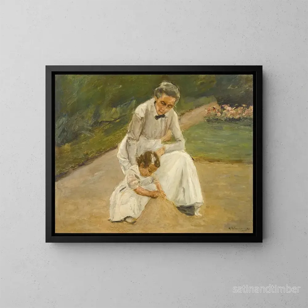 Reproduktion av målningen La petite-fille de l'artiste et sa nourrice jouant dans le jardin - Max Liebermann