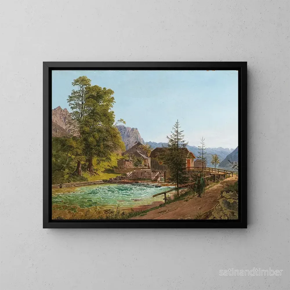 Reproduktion av målningen Promenör i Salzkammergut vid Grundlsee-sjön med Traun-floden i bakgrunden till vänster Backenstein - Jakob Alt