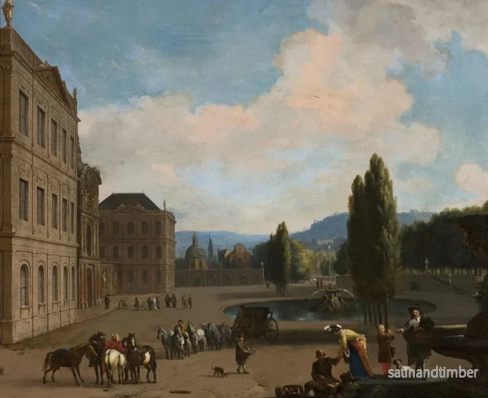 Reproduktion av målningen av en palatsgård med en fontän, en bil och personer - Jan van Huchtenburg - Bild 2