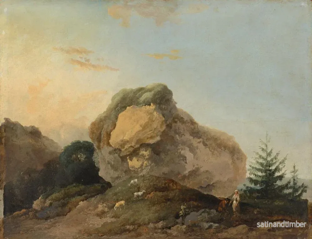 Reproduktion av målningen En kuperad landskap med en stor klippa och en herde och en herdinna med deras flock - Louis Gabriel Moreau - Bild 2
