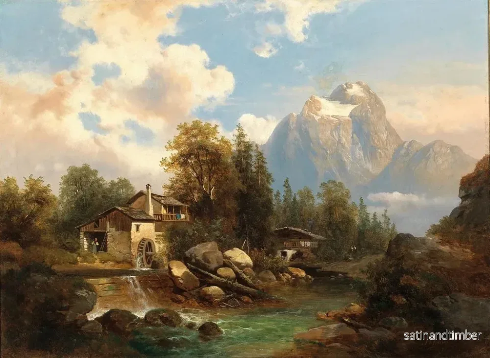 Reproduktion av målningen En kvarn vid en flodkant i ett bergslandskap med Dachstein-massivet i bakgrunden - Josef Thoma - Bild 2