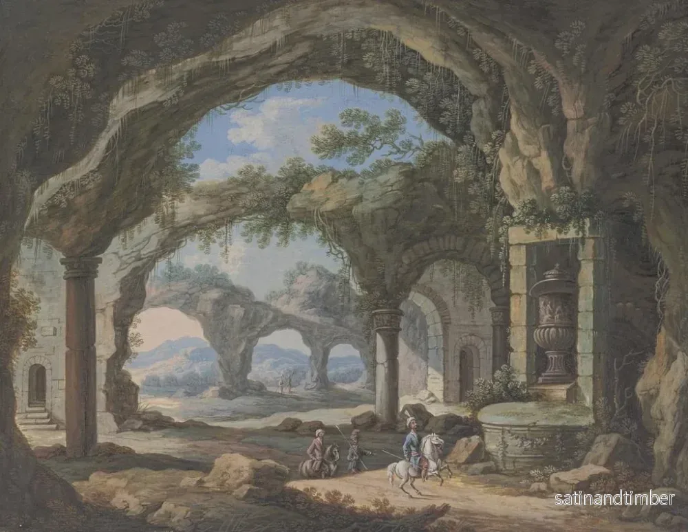 Reproduktion av målningen Inomhusmålning av en grotta stödd av kolonner med, i en nisch, en stor vas - Carl Sebastian von Bemmel - Bild 2