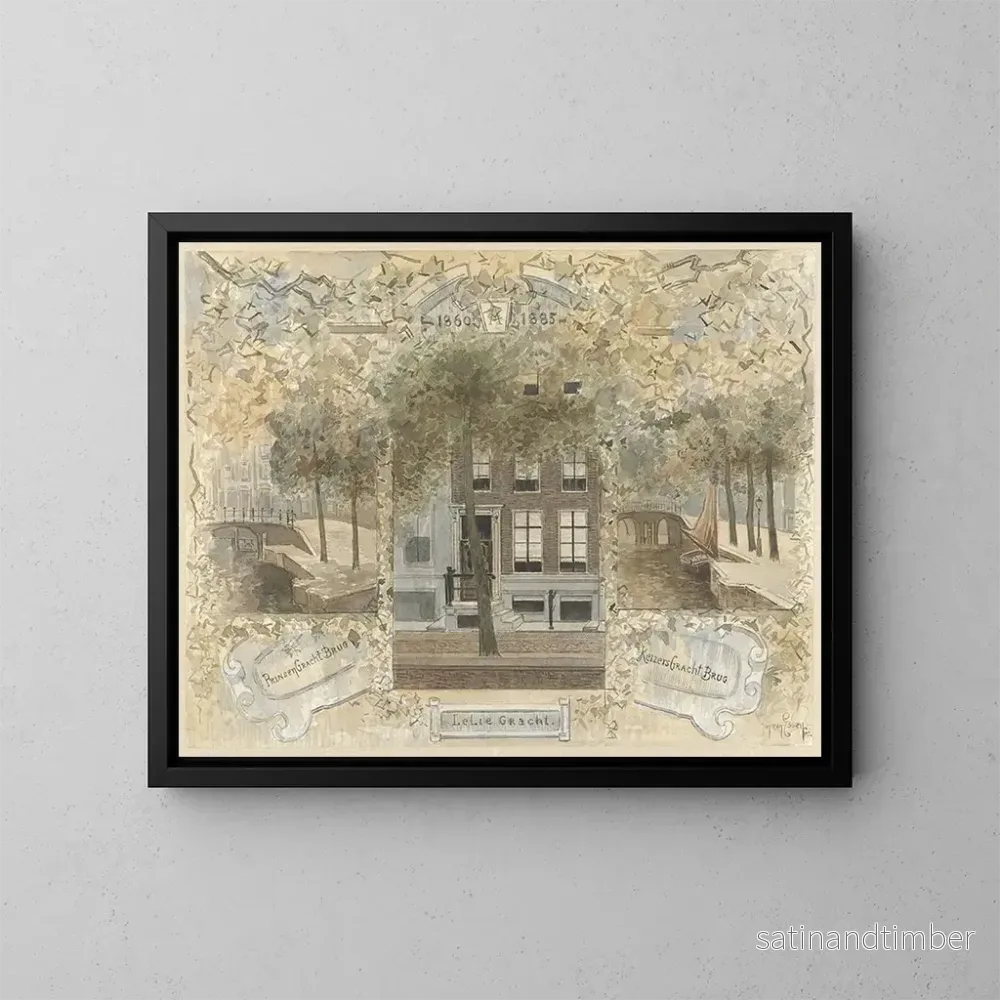 Reproduktion av målningen av ett hus vid Leliegracht, flankerat av broar på Prinsengracht och Keizersgracht - Jan van Essen