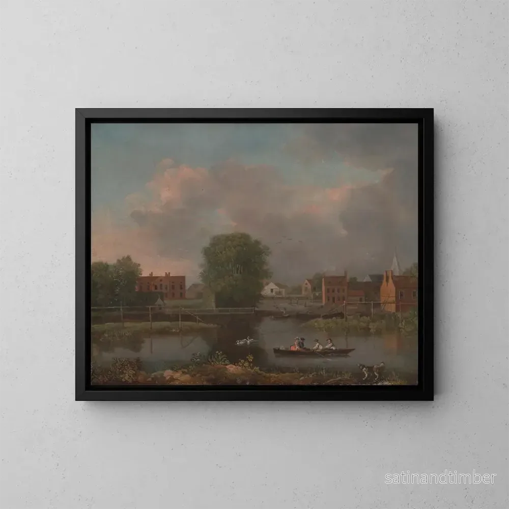 Reproduktion av målningen av ett flodlandskap, kanske en vy från den västra änden av Rochester-bron - John Inigo Richards