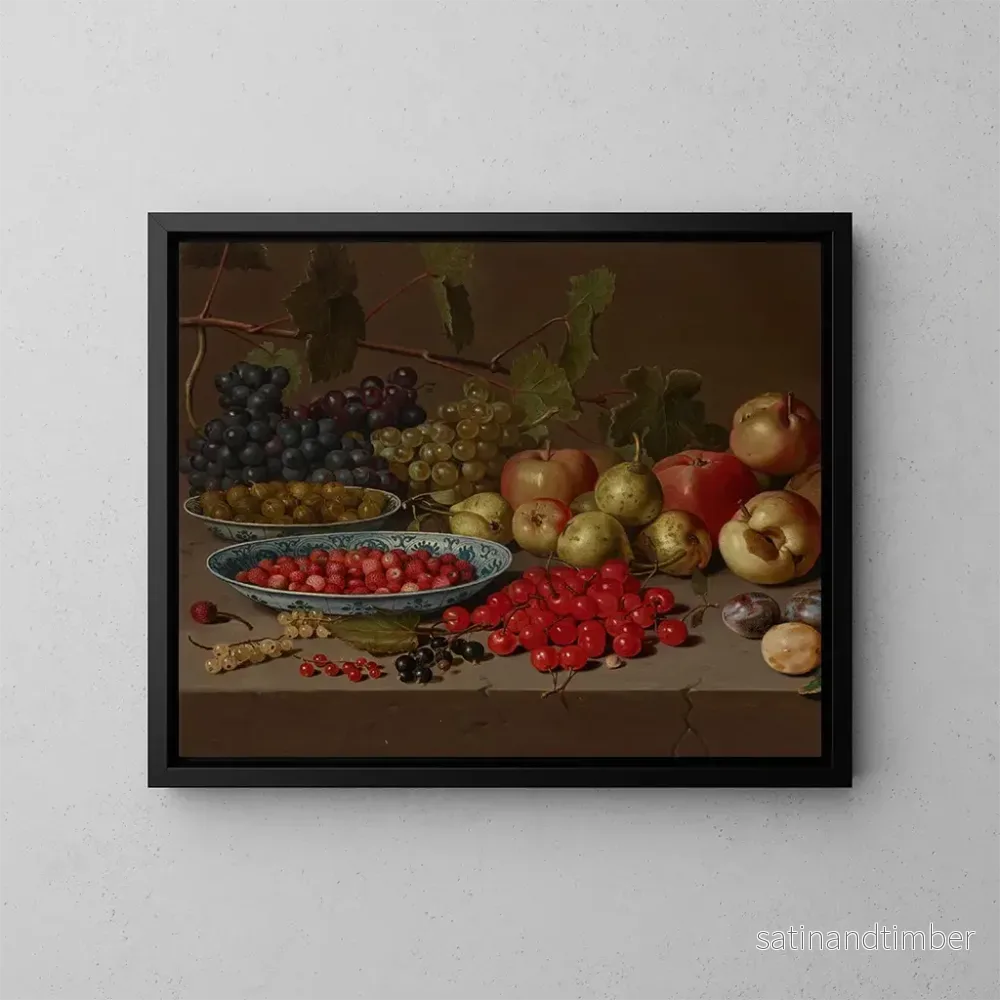 Reproduktion av målningen av ett fat med körsbär och vilda jordgubbar med druvor, äpplen, päron, plommon och andra frukter på en stenbänk - Floris van Schooten