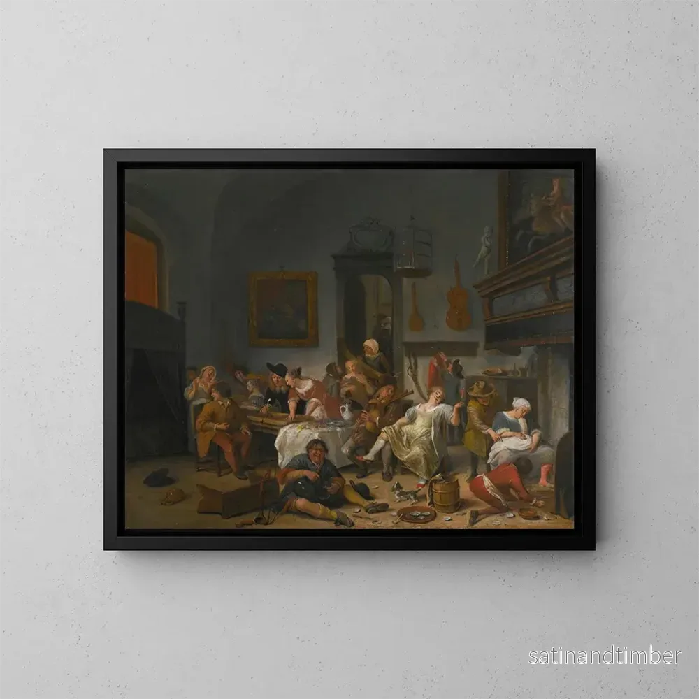 Reproduktion av målningen inomhus av en taverna med människor som dricker och spelar musik - Jan Steen