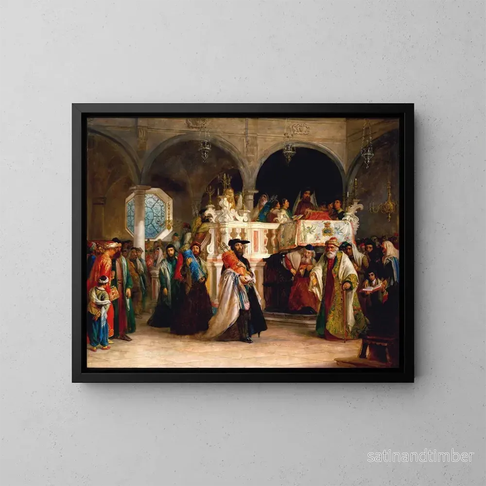 Reproduktion av målningen La fête de la réjouissance de la Loi à la synagogue de Livourne en Italie - Solomon Alexander Hart