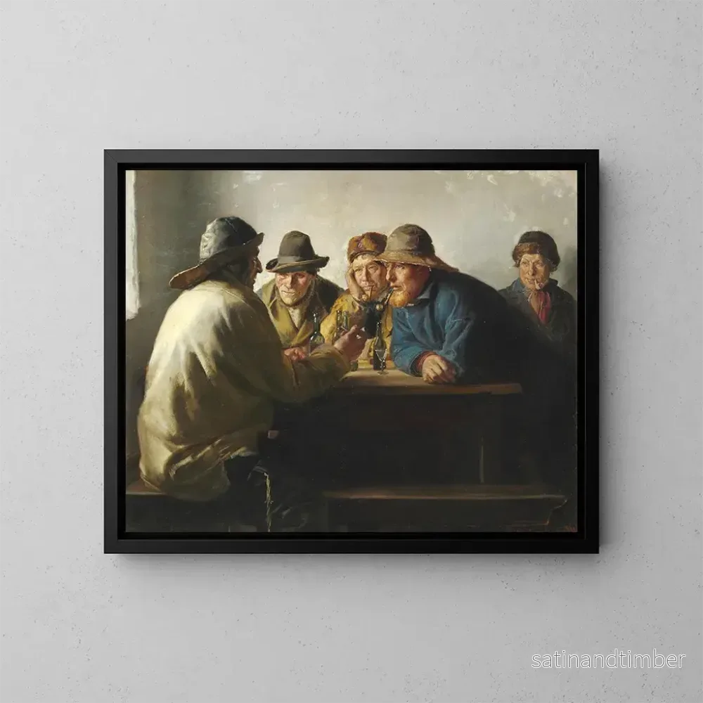 Reproduktion av målningen av fiskare runt ett bord som dricker ett glas efter jobbet - Michael Ancher