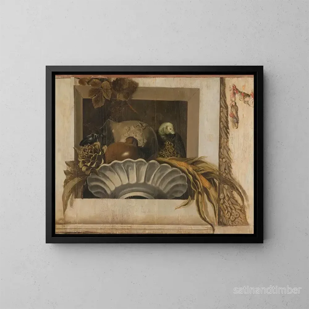 Reproduktion av målningen av still life med en skål majs, kronärtskockor, druvor och en papegoja - Jacob van Campen