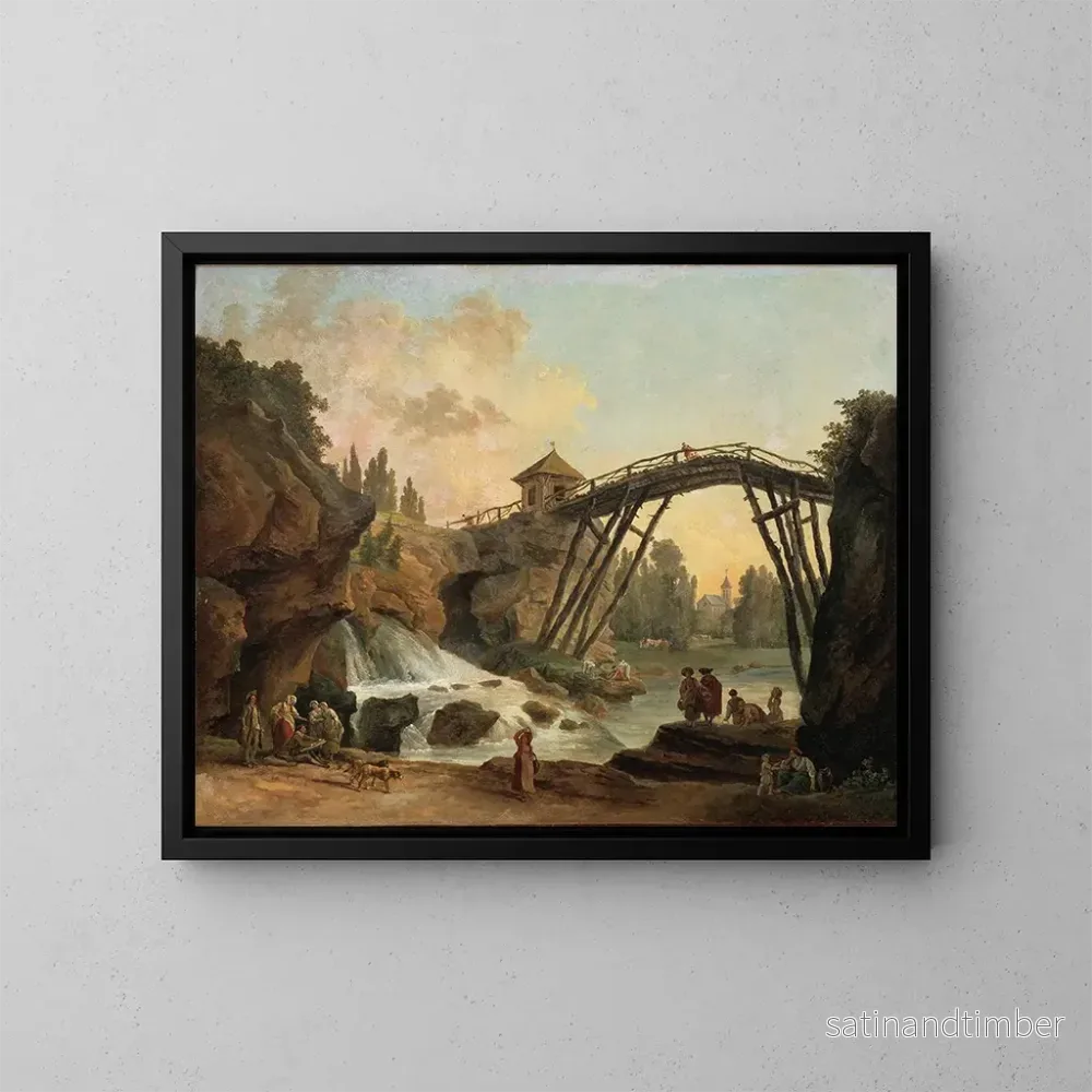 Reproduktion av målningen tecknare som ritar bron i trä i Mrville-parken - Hubert Robert