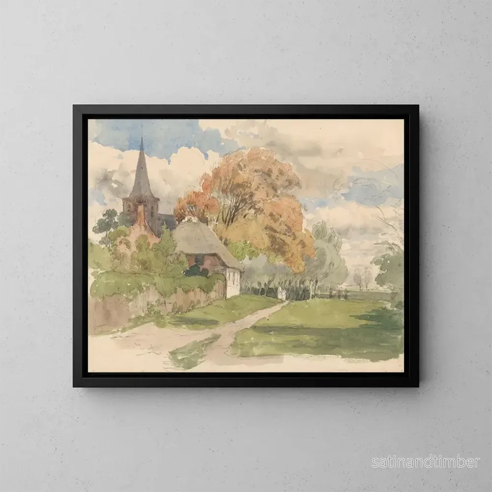 Reproduktion av målningen Erf nära en landsbykyrka - Julius Jacobus van de Sande Bakhuyzen