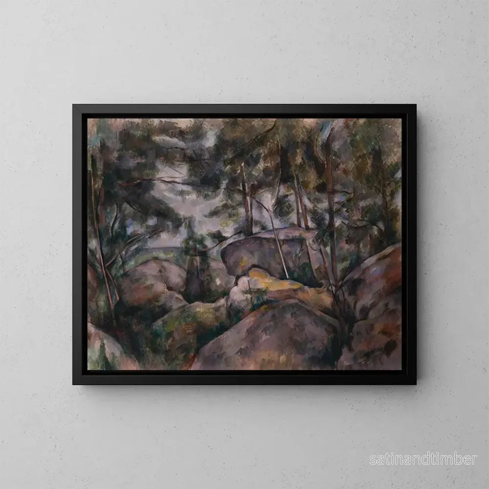 Reproduktion av målningen av klippor i skogen - Paul Cézanne