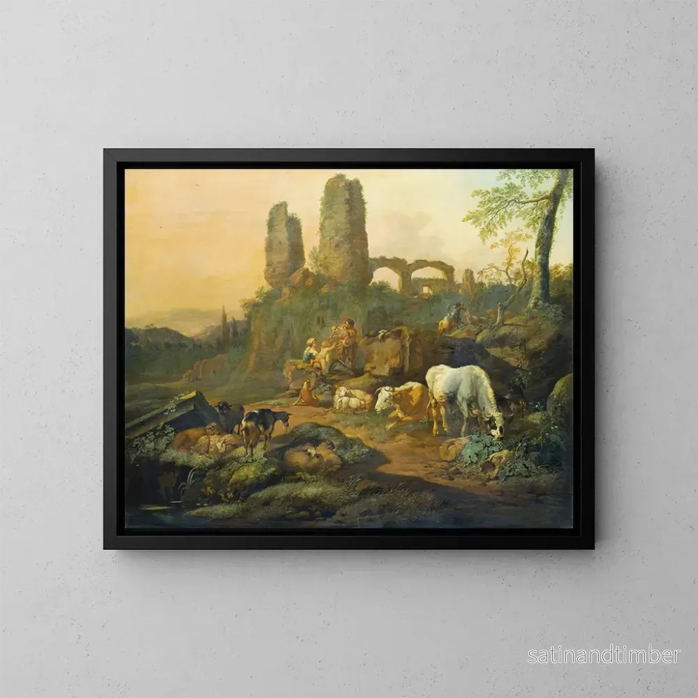 Reproduktion av målningen La famille de bergers se reposant près d'une ruine antique - Johann Heinrich Roos